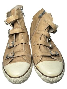 Ash Tan Canvas Buckle Sneakers with White Toe Caps